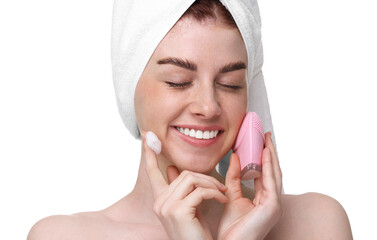 Canvas Print - Washing face. Young woman with brush and cleansing foam on white background