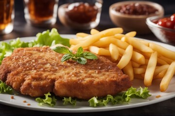 'schnitzel french fries close up traditional batter breaded meat tender veal chips food serving potato escalope cutlet austrian wiener cookery regional speciality crispy fried gold closeup gastronomy'