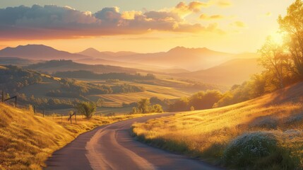 Wall Mural - A calm country road meanders through rolling hills as the sun sets, casting warm hues across the scene