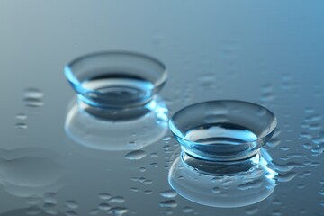 Pair of contact lenses on wet mirror surface, closeup