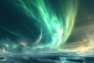 Wall Mural - A vivid aurora created by particles from an asteroids tail entering a planets atmosphere, a natural wonder born from cosmic interactions 