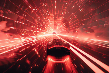 Wall Mural - A car is driving through a tunnel with red walls and a red background