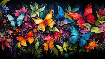 Wall Mural - An illustration vibrant and colorful watercolor artwork showcasing a variety of exotic butterflies in a lush tropical garden