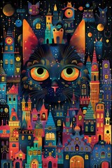 Sticker - A colorful painting of a cat with many buildings in the background, AI