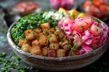 Wall Mural - A bowl of food with a variety of ingredients including meat, vegetables