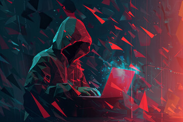 Wall Mural - a man is typing on a laptop in a red and blue background