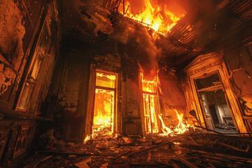 Flames engulf an abandoned building