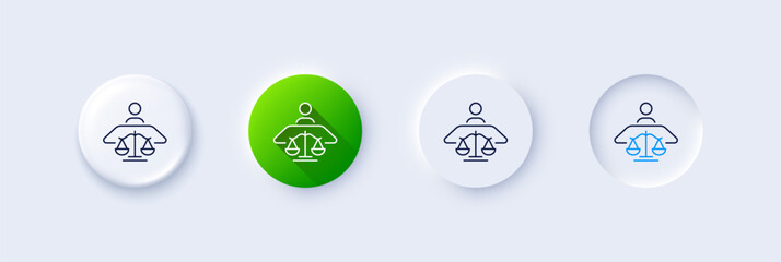 Court judge line icon. Neumorphic, Green gradient, 3d pin buttons. Justice scale sign. Judgement law symbol. Line icons. Neumorphic buttons with outline signs. Vector