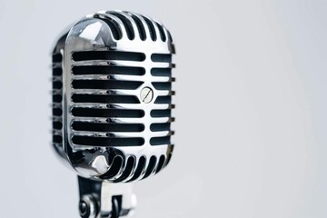 Wall Mural - vintage silver stage microphone in closeup view isolated on white background retro audio equipment