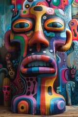 Canvas Print - A colorful statue of a head with eyes and mouth painted in different colors, AI