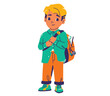 Cute little boy ready to go to school vector illustration. Male pupil