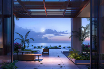 Wall Mural - Luxury resort or villa lobby with palms and sea view