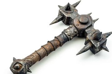 Wall Mural - Barbarian iron war hammer with spikes and runes, isolated on solid white background.