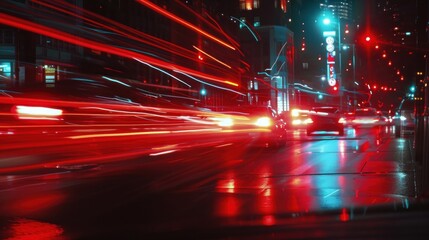 Wall Mural - 3d render long exposure of red lights cars driving at night in the city highway. Generated AI image