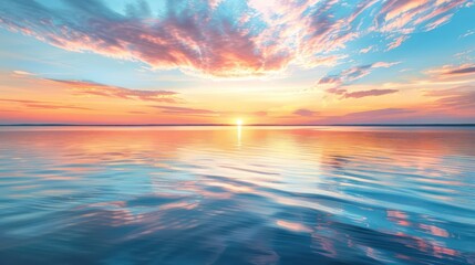 Wall Mural - A peaceful sunset with soft waves and a vibrant sky reflecting on the tranquil waters of a vast lake, offering a moment of calm