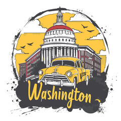 Wall Mural - A painting of a yellow car driving down a street in Washington