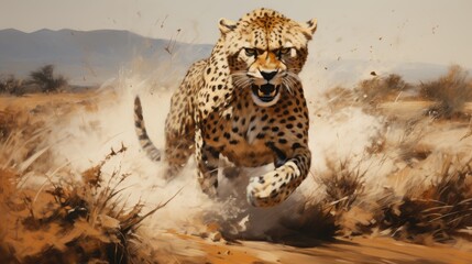 A image dynamic and energetic painting of a cheetah in full sprint, capturing its speed and agility