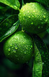 Close up of water droplets on a whole lime on the branch