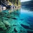 Take an underwater photo of a lake with crystal clear water and a rocky shoreline.