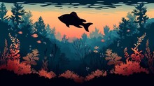 Modern Illustration Of An Underwater Cartoon Flat Background With Fish Silhouettes, Seaweed, Coral, And Ocean Sea Life.
