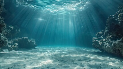 This stunning underwater shot captures the serene beauty of sunbeams filtering through water to the sandy ocean floor
