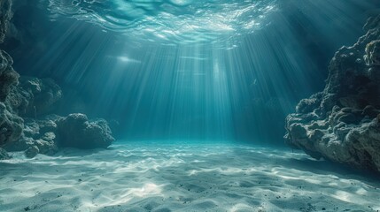 Wall Mural - This stunning underwater shot captures the serene beauty of sunbeams filtering through water to the sandy ocean floor