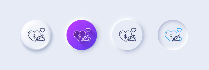 Wall Mural - Donation organization line icon. Neumorphic, Purple gradient, 3d pin buttons. Volunteer care sign. Health insurance symbol. Line icons. Neumorphic buttons with outline signs. Vector