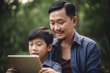 A man and a boy are looking at a tablet together