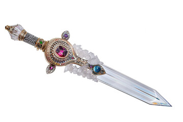 Crystal-encrusted battle dagger with a crystal-clear blade and gemstone-studded hilt isolated on solid white background.