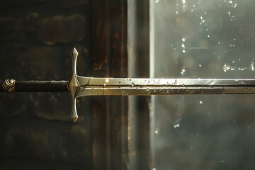 Wall Mural - Dainty sword delicately balanced on a single point, defying the laws of physics.