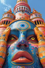 Sticker - A large colorful face painted on a tower with blue sky in background, AI