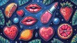 The modern illustration shows lips, lipstick, hearts, hands, speech bubbles, and other fashion patches with lips, lipstick, hearts, and hands. The sticker set is isolated on a white background in the