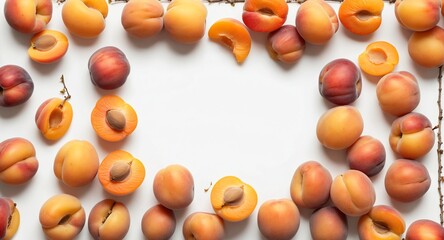Wall Mural - Apricot fruits on white, frame with copy space. Top view flat lay
