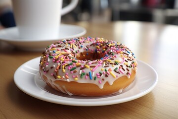 A single frosted donut with sprinkles lies on a white plate on the table with a cup of coffee in the background.