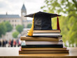 © OctaynePix Media - Student academic square cap on a pile of academic handbooks, university campus studies graduation day bachelor or master degree