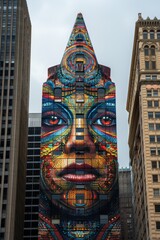 Poster - A building with a large face painted on it in the middle of tall buildings, AI