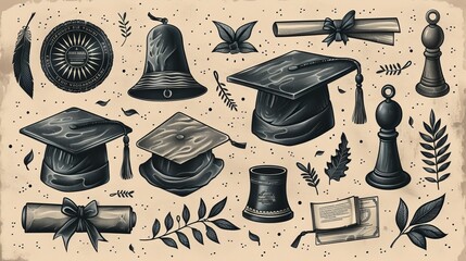 A collection of graduation wishes, lettering labels for your web or print projects. Hand drawn graduation emblem with hat, diploma, and bell. Isolated. Professional graduates logos.