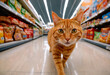 Cat animal walking between shelves in grocery store, supermarket.