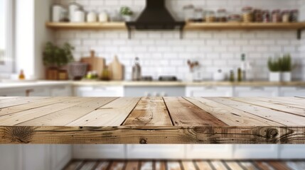 Canvas Print - Empty wooden table top for display product on blurred kitchen room background. Generated AI