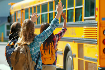 Students wave after the school bus. end of the school year, holidays.