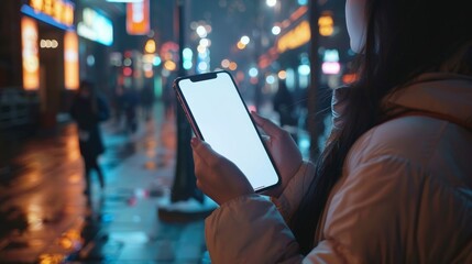 Woman looking at a smartphone with copy space in the city