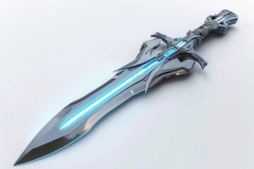 Wall Mural - Futuristic nano-blade battle dagger with a razor-thin edge, composed of nanomaterials, and a high-tech glowing hilt isolated on solid white background.