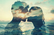 Double exposure portrait profile of kissing couple, woman and man, relationship concept