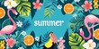 Summer banner with tropical flowers, leaves and birds on blue background The text 