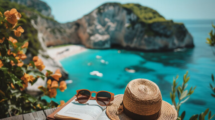 dyllic summer escape: beach view with book and accessories. Serene beach scene with a straw hat, sunglasses and an open book, evoking the relaxation of a tropical summer vacation.