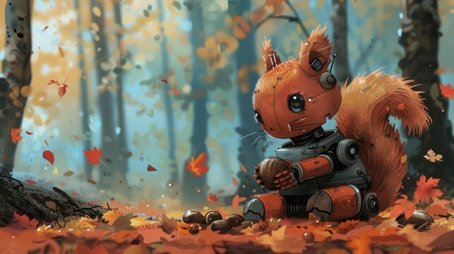 a picture extremely cute little robot squirrel collecting nuts
