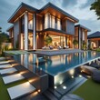 luxury home interior/architecture design photography of a luxury modern and classic design house, with pool and rocks