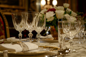 Elegant fine dining scene with crystal glasses polished silverware and opulent decor indicating high income status  