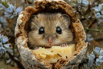 Wall Mural - A rodent with whiskers is nibbling on cheese with holes, a small animal food