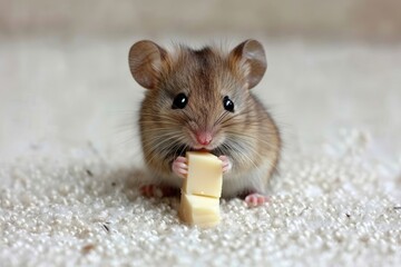 Wall Mural - A rodent with whiskers is nibbling on cheese with holes, a small animal food